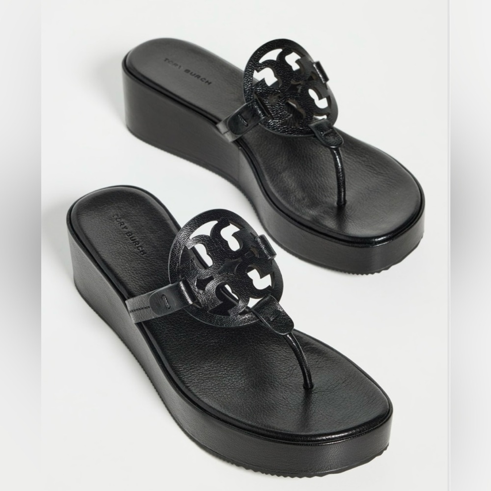 Tory Burch Wedge Miller Sandals Size 8 Perfect Black Retail $275